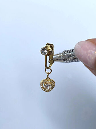 Çelik Göbek Piercing Mıknatıslı Sıkıştırmalı Zirkon Taşlı Sallantılı Dolu Kalp Model Sarı Renk