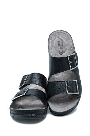 SIB160117-V2 Kifidis-Natura Kadın Çift Bantlı Anatomik Deri Terlik 36-41 Siyah/Black