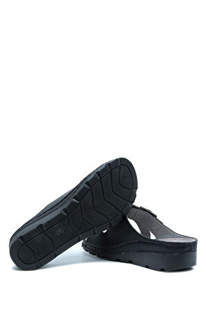 SIB160117-V2 Kifidis-Natura Kadın Çift Bantlı Anatomik Deri Terlik 36-41 Siyah/Black
