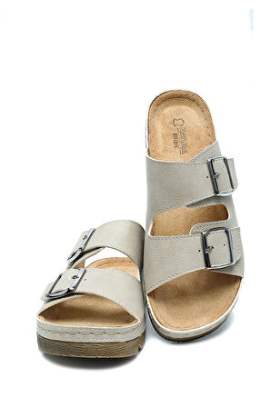 SIB220517-V2 Kifidis-Natura Kadın Çift Bantlı Anatomik Deri Terlik 36-41 Vizon/Nude