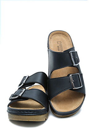 SIB220517-V2 Kifidis-Natura Kadın Çift Bantlı Anatomik Deri Terlik 36-41 Siyah/Black