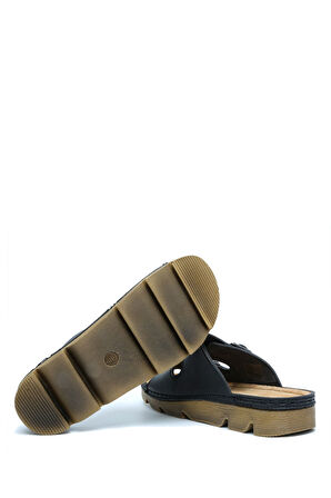 SIB220517-V2 Kifidis-Natura Kadın Çift Bantlı Anatomik Deri Terlik 36-41 Siyah/Black