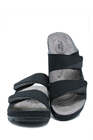 SIB160147 Kifidis-Natura Kadın Çift Bantlı Anatomik Deri Terlik 36-41 Siyah/Black
