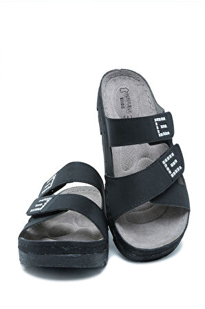 SIB220511 Kifidis-Natura Kadın Taşlı Anatomik Deri Terlik 36-41 Siyah/Black