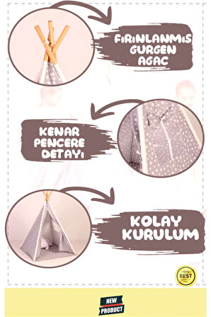 Çocuklar İçin Geniş Kızılderili Ahşap Direkli Oyun Çadırı ve Rahatlatıcı Ev & Bahçe Oyun Alanı Minde