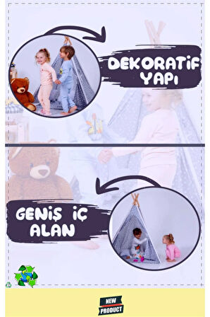 Yıldız Desenli Kızılderili Ahşap Direkli Çocuk Oyun Çadırı Kız Erkek Cocuk Egitici Oyuncaklar