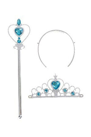Eğitici Öğretici Çocuk Oyuncaklar Kız Çocuk Mavi Karlar Ülkesi Elsa Kalpli Taç Asa Seti