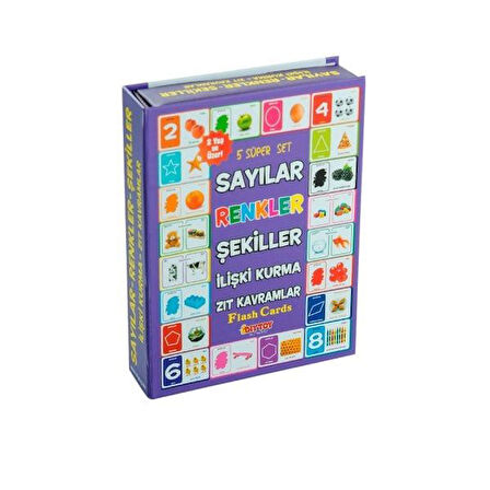 Eğitici Oyuncak 1413 DıyToy, Flash Cards - 5 Süper Set - Sayılar+Renkler+Şekiller+İlişki Kurma+Zıt Kavramlar / +2 ya