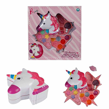Eğlenceli Oyuncak Unicorn Şekilli 3 Katlı Makyaj Güzellik Seti Kız Erkek Çocuk Eğitici Eğitici Oyu