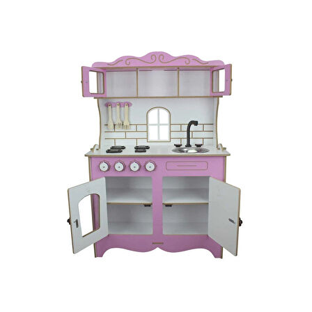 Eğitici Oyuncak ÇG39 Okutan, Ahşap Çocuk Mutfağı Pembe Pencereli Kız Erkek Çocuk Eğitici Eğitici