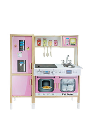 Kız Çocuk Oyuncak Erkek Çocuk Oyuncak T1013 Ahşap Buzdolaplı Mutfak Pembe Eğitici Oyuncaklar