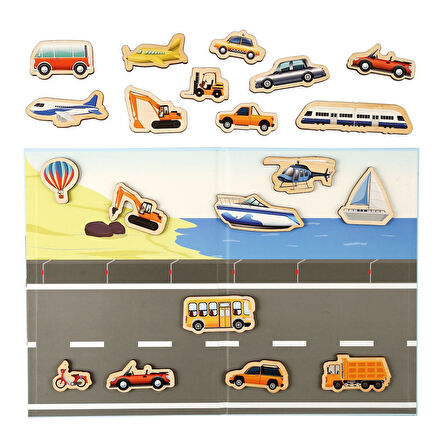 Eğlenceli Oyuncak Rossie Ahşap Mıknatıslı Taşıt Seti ve Oyun Alanı Kız Erkek Çocuk Eğitici Eğitici