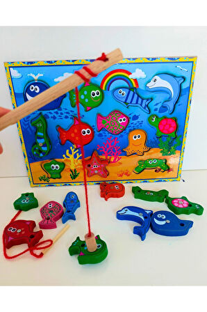 Eğitici Öğretici Çocuk Oyuncaklar Ahşap Ipli Mıknatıslı Balık Tutma Oyunu -ipli Bultak Puzzle