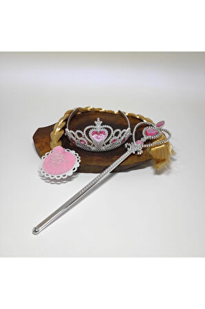 Eğitici Öğretici Çocuk Oyuncaklar Elsa Karlar Ülkesi Pembe Uzun Örgü Saç Tokası Asa Ve Tacı Pembe Se