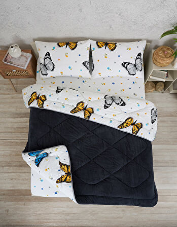 ETE HOMETEX ÇİFT KİŞİLİK LÜX WELSOFT YORGAN SETİ 195X215CM KELEBEK ANTRASİT 8696474231941