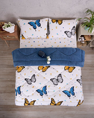 ETE HOMETEX ÇİFT KİŞİLİK LÜX WELSOFT YORGAN SETİ 195X215CM KELEBEK İNDİGO 8696474231942