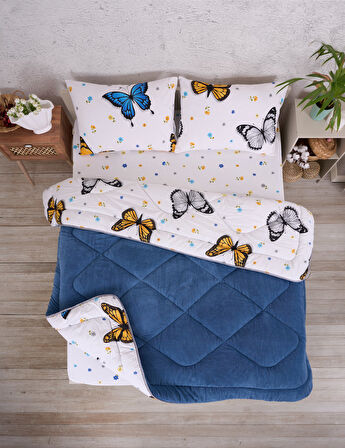 ETE HOMETEX ÇİFT KİŞİLİK LÜX WELSOFT YORGAN SETİ 195X215CM KELEBEK İNDİGO 8696474231942