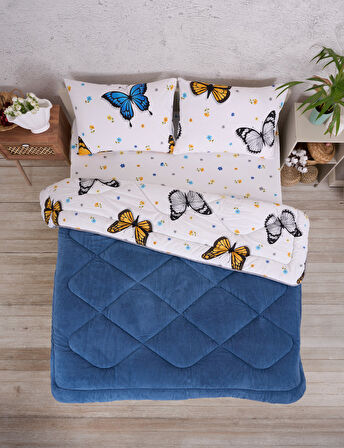 ETE HOMETEX ÇİFT KİŞİLİK LÜX WELSOFT YORGAN SETİ 195X215CM KELEBEK İNDİGO 8696474231942