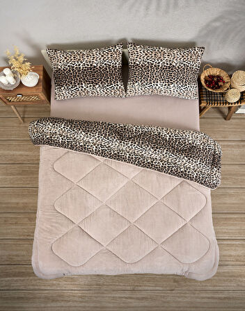ETE HOMETEX ÇİFT KİŞİLİK LÜX WELSOFT YORGAN SETİ 195X215CM LEOPAR BEJ 8696474231945