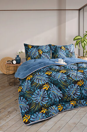 ETE HOMETEX ÇİFT KİŞİLİK LÜX WELSOFT YORGAN SETİ 195X215CM MONESTERA İNDİGO 8696474231953