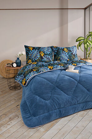 ETE HOMETEX ÇİFT KİŞİLİK LÜX WELSOFT YORGAN SETİ 195X215CM MONESTERA İNDİGO 8696474231953
