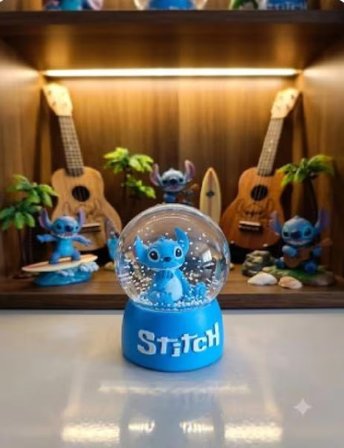 Stitch Işıklı Kar Küresi - 9 cm x 6 cm - Mavi Hediyelik-Dekoratif  Kar Küresi