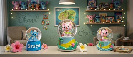9cm-6cm Işıklı pembe ve  Mavi renk ve sarı altlık)(11cm x7 cm)–pilli pembe Işıklı Hediyelik-Dekoratif 3 lü Stitch Kar Küresi