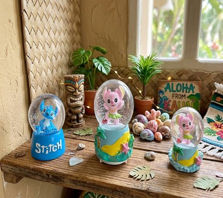9cm-6cm Işıklı pembe ve  Mavi renk ve sarı altlık)(11cm x7 cm)–pilli pembe Işıklı Hediyelik-Dekoratif 3 lü Stitch Kar Küresi