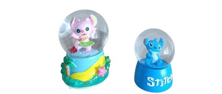 9cm-6cm sarı altlıklı  Işıklı Mavi renk ve (11cm x7 cm) pilli pembe Işıklı Hediyelik-Dekoratif 2 li Stitch Kar Küresi
