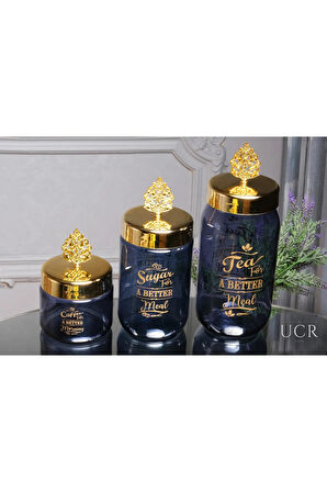 3'lü Lüks Cam Tea/Coffee/Sugar Çay Kahve Şeker Kavanoz Seti 400 Ml. 700 Ml. 950 Ml.