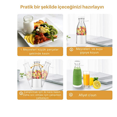 Pilli Taşınabilir Blender Meyve Sıkacağı Meyve Suyu Smoothie Milkshake Bebek Maması 420ml 6 Bıçak