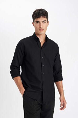 DeFacto Modern Fit Polo Yaka Petek Dokulu Basic Düz Uzun Kollu Siyah Gömlek B7383AX24SPBK27