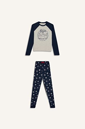 Kız Çocuk Yılbaşı Temalı Pijama Takımı Bisiklet Yaka Uzun Kollu Üst Uzun Alt