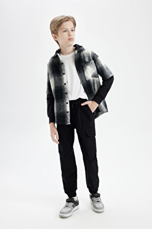 DeFacto Erkek Çocuk Kargo Cepli Beli Bağcıklı Lastikli Paça Cepli Siyah Jogger Gabardin Pantolon A9393A824AUBK81