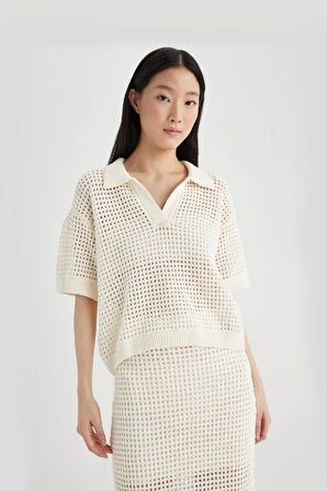 DeFacto Relax Fit Polo Yaka Ajur Kısa Kollu Triko Tişört C4573AX24SMER105