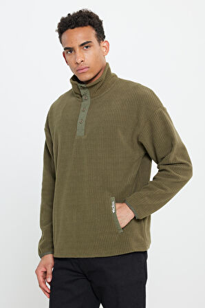 Erkek Haki Loose Fit Bato Yaka Desenli Polar