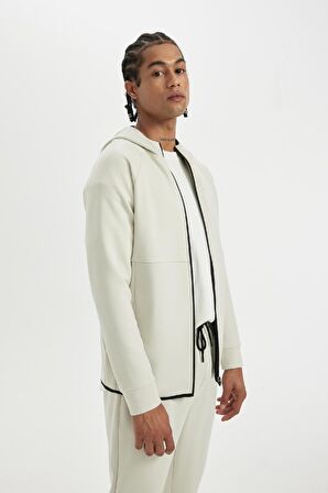 DeFactoFit Slim Fit Dar Kesim Kapüşonlu Skuba Dalgıç Kumaş Fermuarlı Sporcu Sweatshirt A6956AX24AUBG721