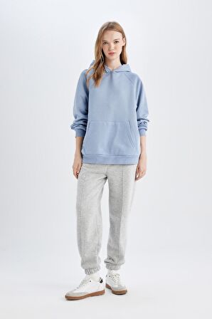 DeFacto Oversize Geniş Kalıp Kapüşonlu Kanguru Cepli Kalın Basic Düz Sweatshirt C7805AX24WNBE755