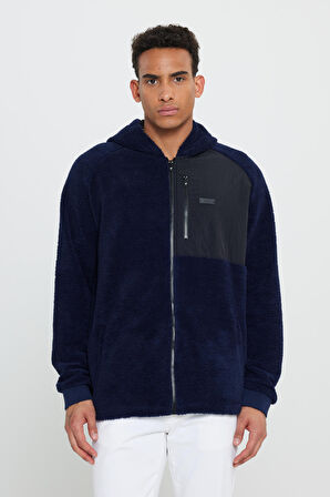 Erkek Lacivert Oversize Bol Kesim Kapüşonlu Sherpa Polar Sweatshirt Ceket