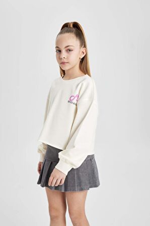 DeFacto Kız Çocuk Crop Sırt Baskılı Bisiklet Yaka Sweatshirt C1037A824SPER99