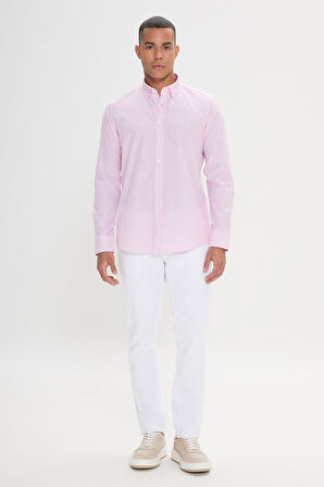 Slim Fit Dar Kesim Gizli Düğmeli Yaka Pamuklu Çizgili Gömlek