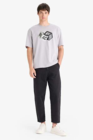 DeFacto %100 Pamuk Oversize Geniş Kalıp Bisiklet Yaka Baskılı Kısa Kollu Tişört S9343AZ25SMGR247