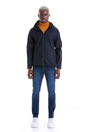 Lacivert Su ve Rüzgar Geçirmez Kapüşonlu Softshell Mont | S