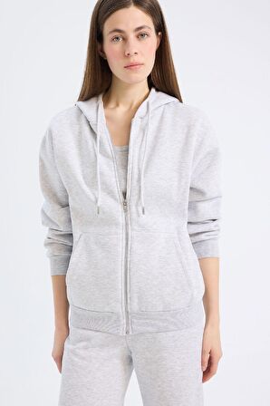 Relax Fit Kapüşonlu Cepli Basic Düz Fermuarlı Sweatshirt