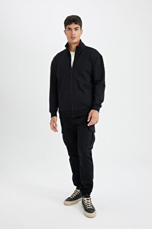 DeFacto Comfort Regular Fit Rahat Kesim Dik Yaka Cepli Basic Düz Fermuarlı Sweatshirt D4971AX24AUBK81