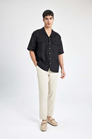 DeFacto %100 Keten Relax Fit Polo Yaka Yazlık Basic Düz Kısa Kollu Siyah Gömlek B6687AX24SPBK27