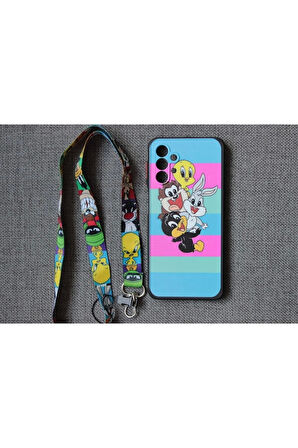 Samsung Galaxy A12 Uyumlu Looney Tunes Tasarım Tuşları Renkli Telefon Boyun Askılı Set Kılıf