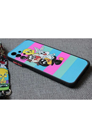 Samsung Galaxy A12 Uyumlu Looney Tunes Tasarım Tuşları Renkli Telefon Boyun Askılı Set Kılıf