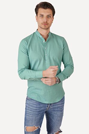 Mint Yeşili Hakim Üç Düğmeli Slimfit Keten   Gömlek