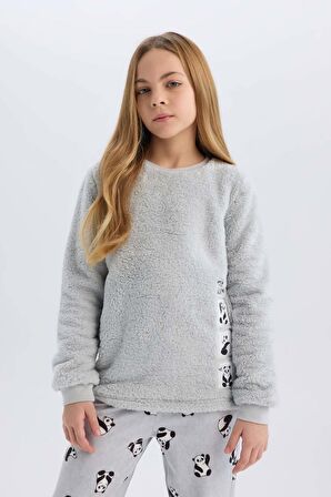 DeFacto Kız Çocuk Pelüş Pijama Takımı Bisiklet Yaka Baskılı Uzun Kollu Üst Beli Lastikli Uzun Alt B1487A824AUGR91